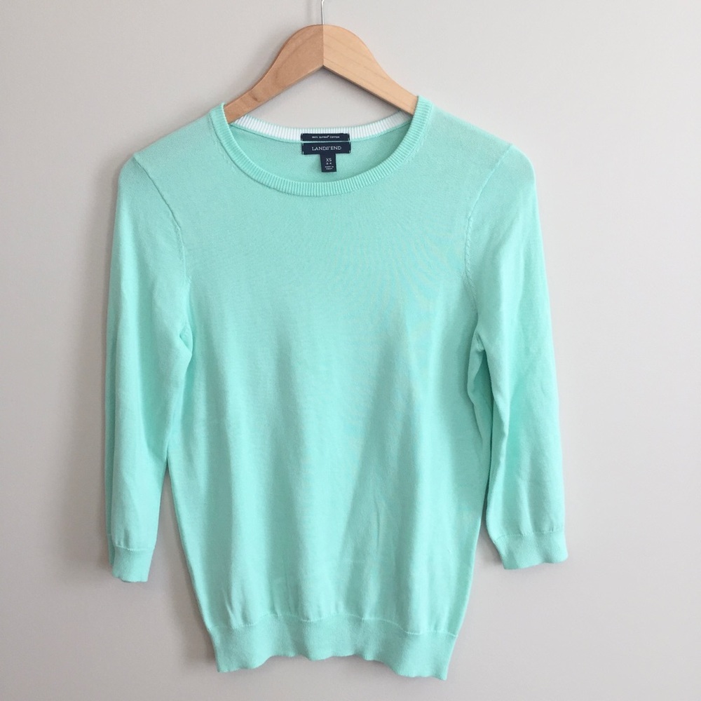 Lands’ End Crewneck Sweater Mint Green 100% Supima Cotton 3/4 length Sleeves